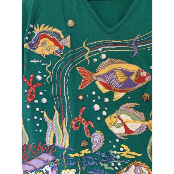 Vtg Copa Cabana Womens T shirt L Green Fish Underwater Treasure 80s Embellished - Picture 6 of 11